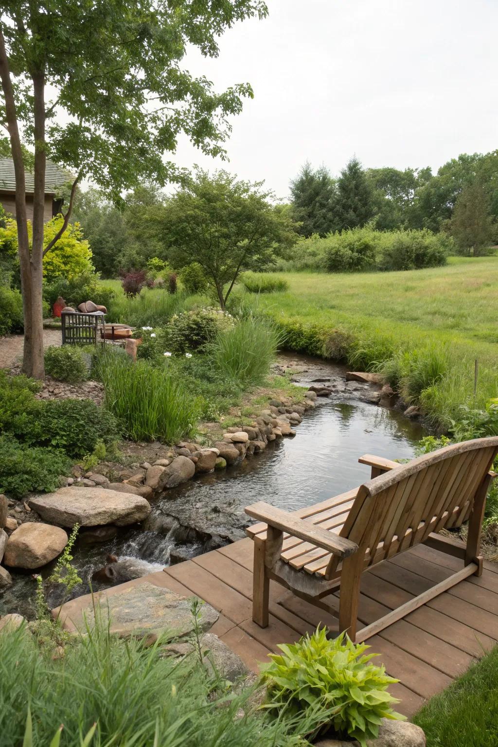 A comfortable seating area by the stream for relaxation.