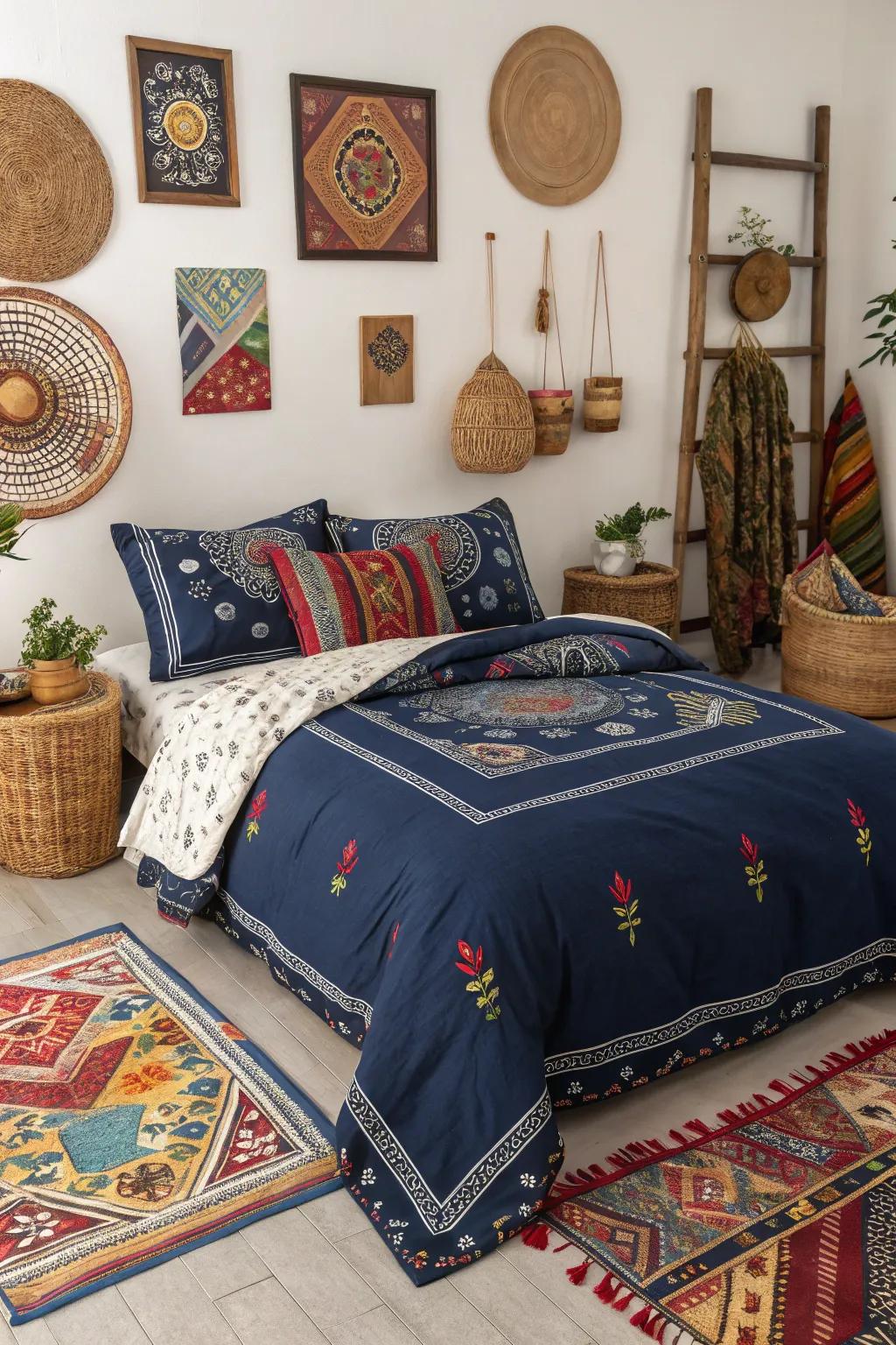 With cultural patterns in dark blue bedding, you can add a global touch.