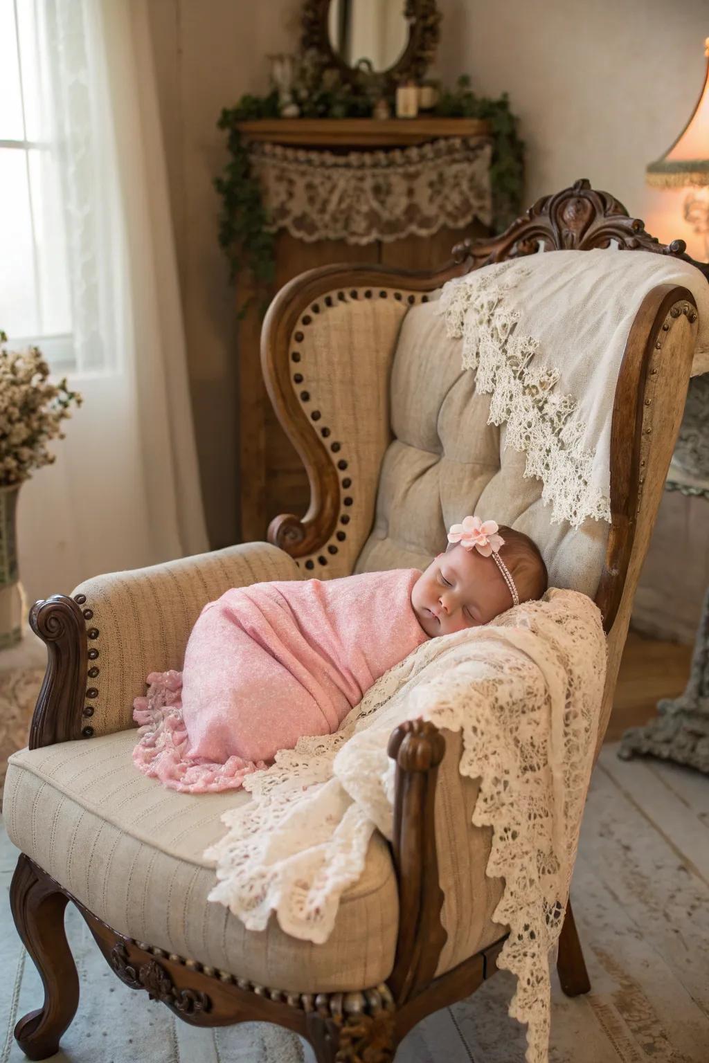 A vintage-inspired newborn photograph with nostalgic elements.