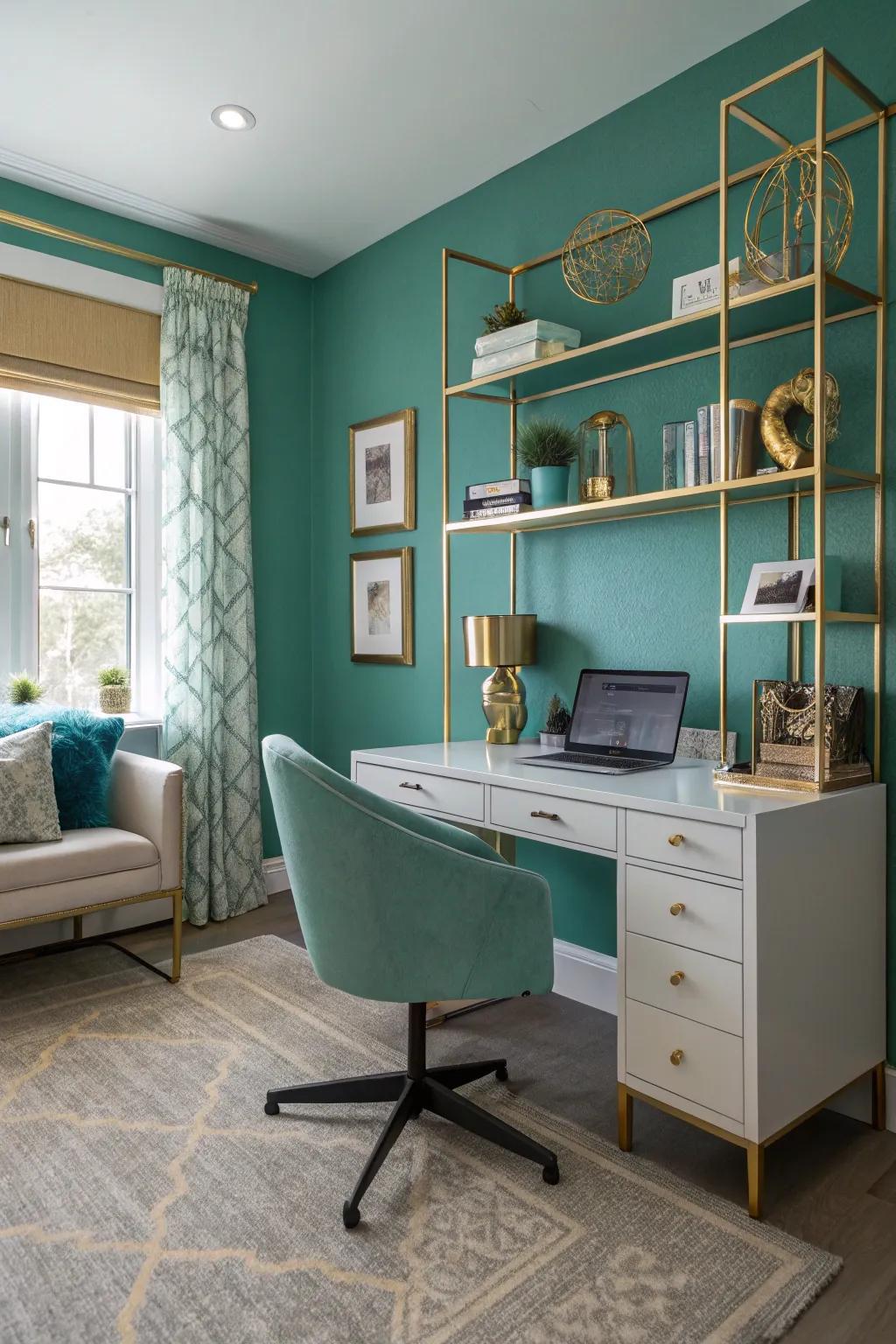 Teal walls usher elegance and vogue into your workspace.