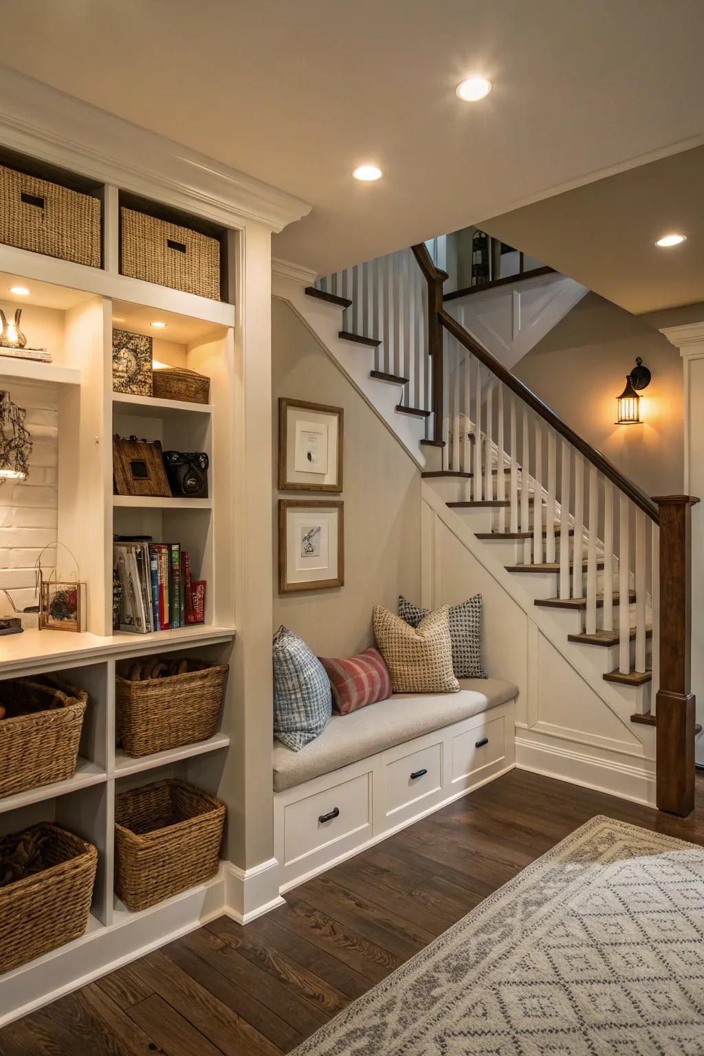 Under-stair spaces inside an entryway present hidden potential for storage and creativity.