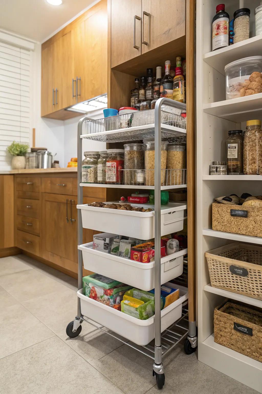 A rolling cart can move the items in the pantry where they are needed.