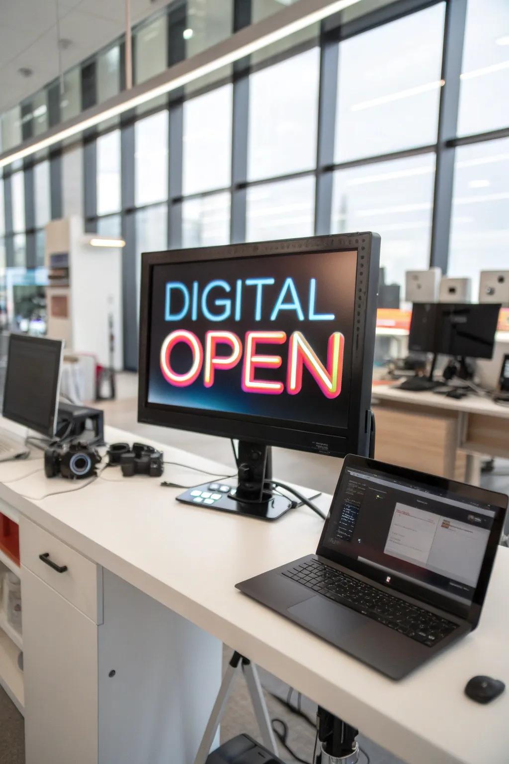 Incorporate tech-forward elements with a digital welcome display.