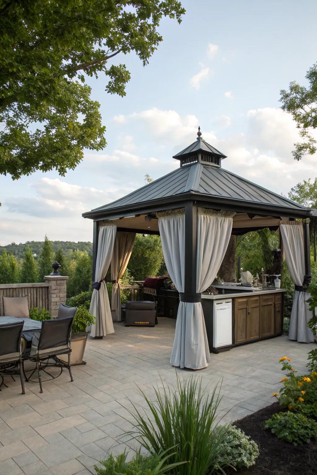 Discover tranquility in a secluded refuge outdoor cooking gazebo.
