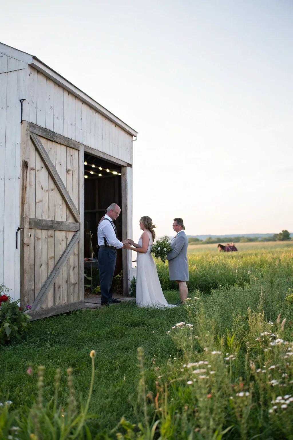 Barn siding provides a countryside backdrop for the ceremony.