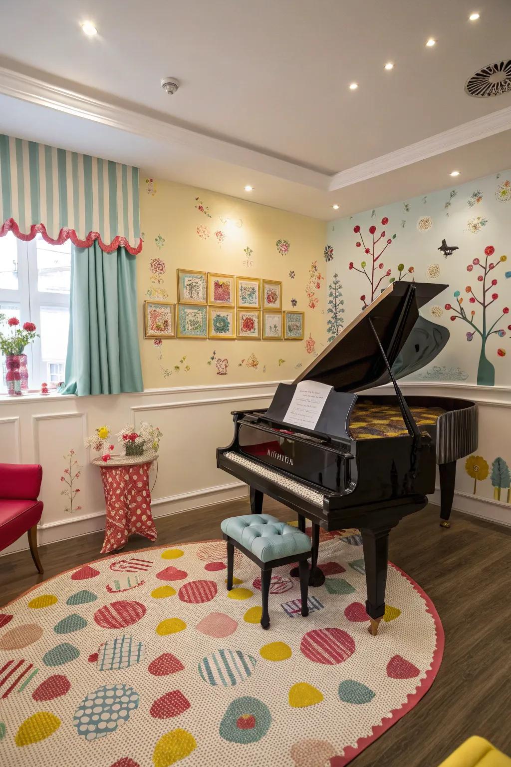 Whimsical elements add character and joy to the piano room.