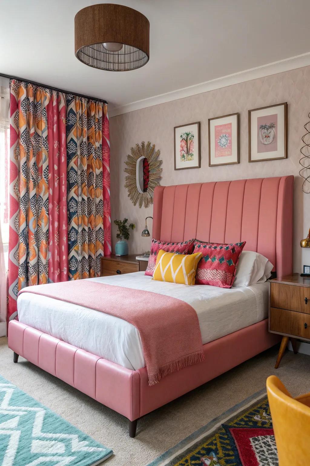 A retro-inspired space featuring a pink leather headboard.