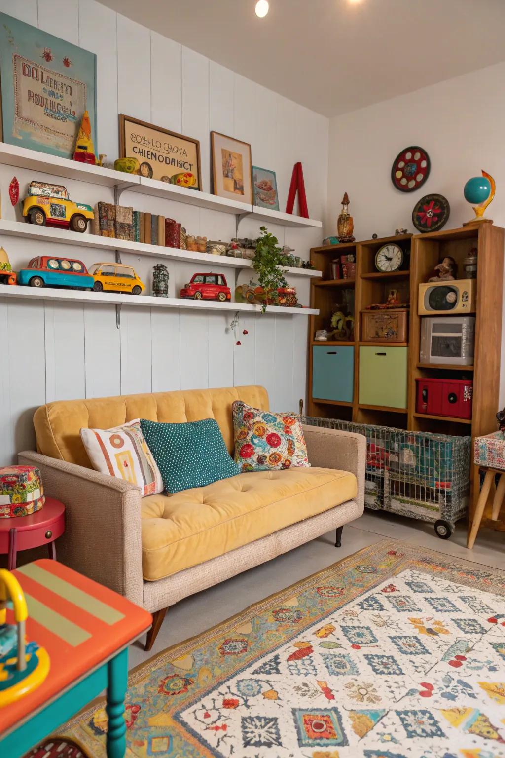 A charming playroom showcases vintage aesthetic seating.