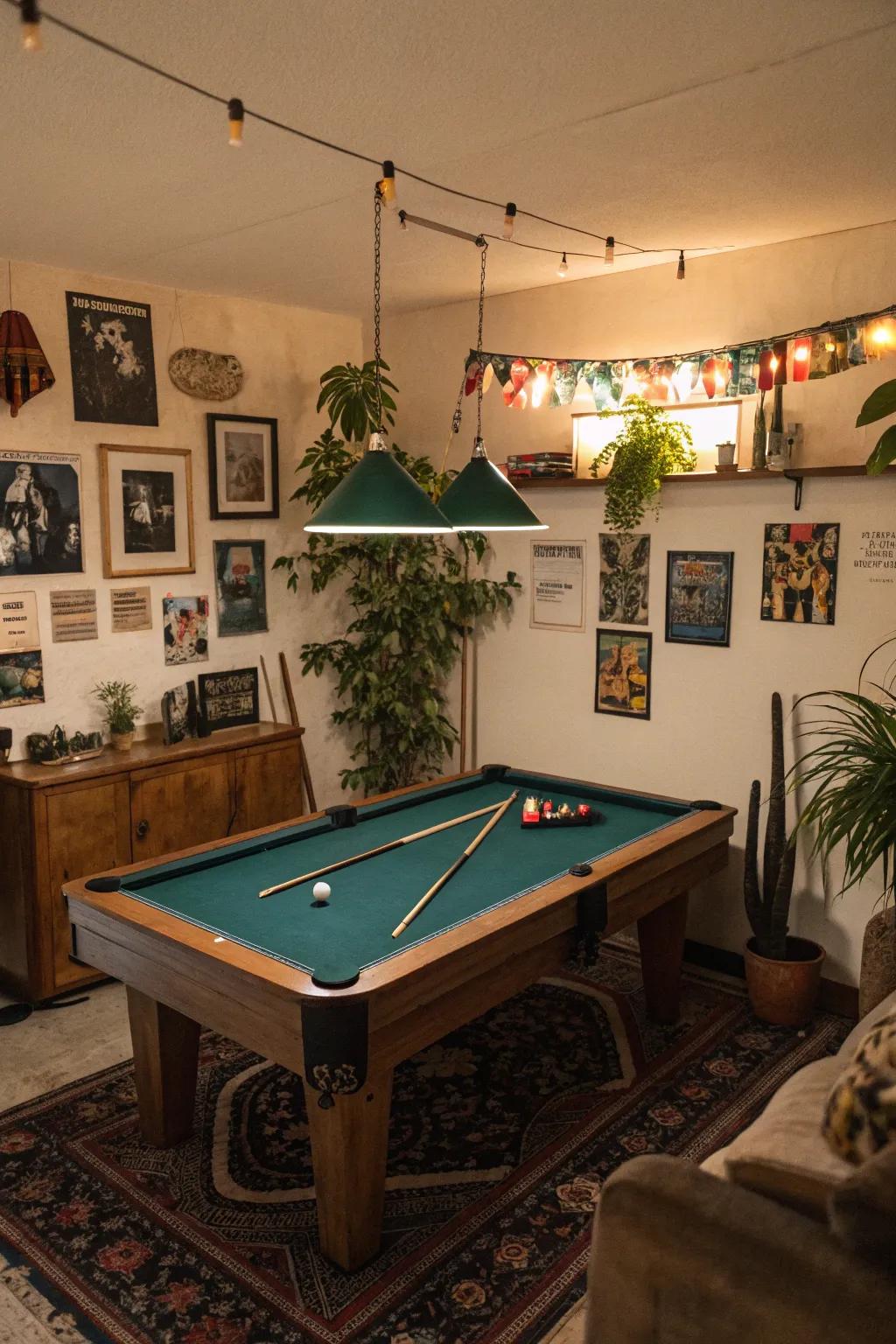 Individual accents make the small pool table room feel warm and inviting.