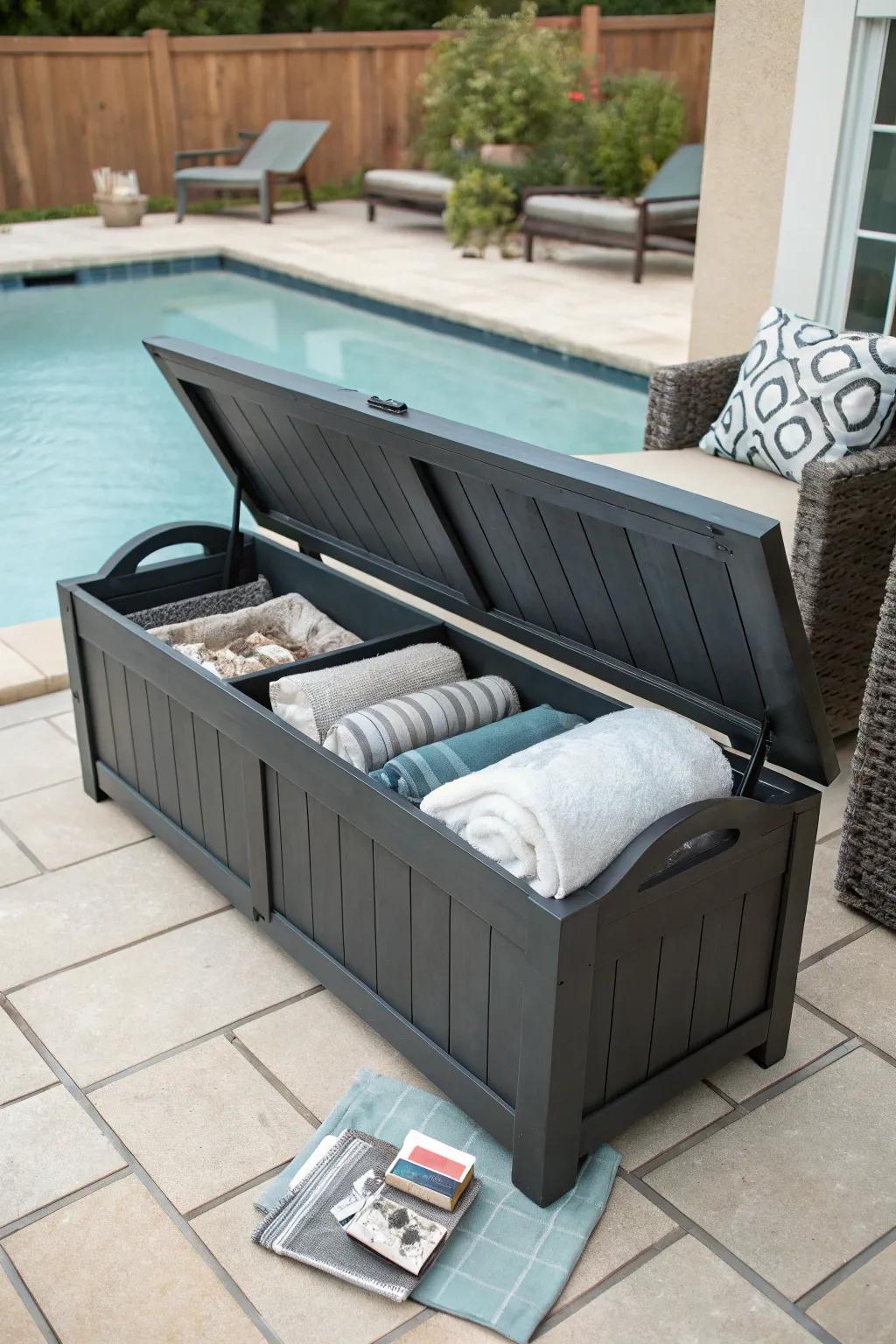 Practical weatherproof storage bench for dual functionality.