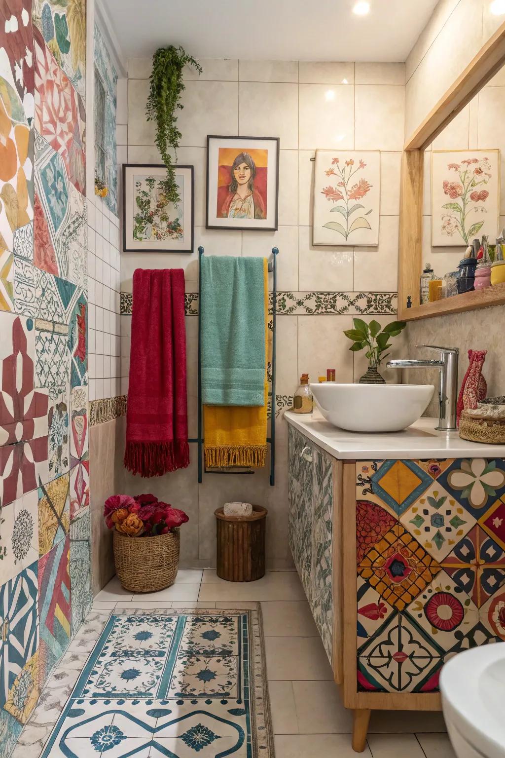 An eclectic amalgamation of square styles fashions a dynamic and individualized washroom space.