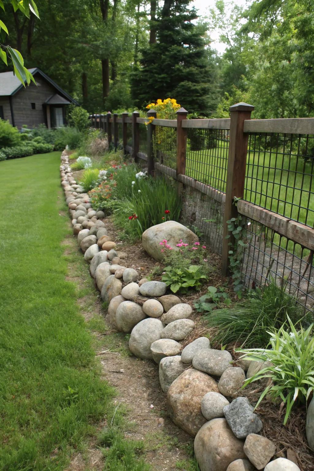 Shoreline stones soften and refine this garden's fence perimeter, enriching innate beauty.