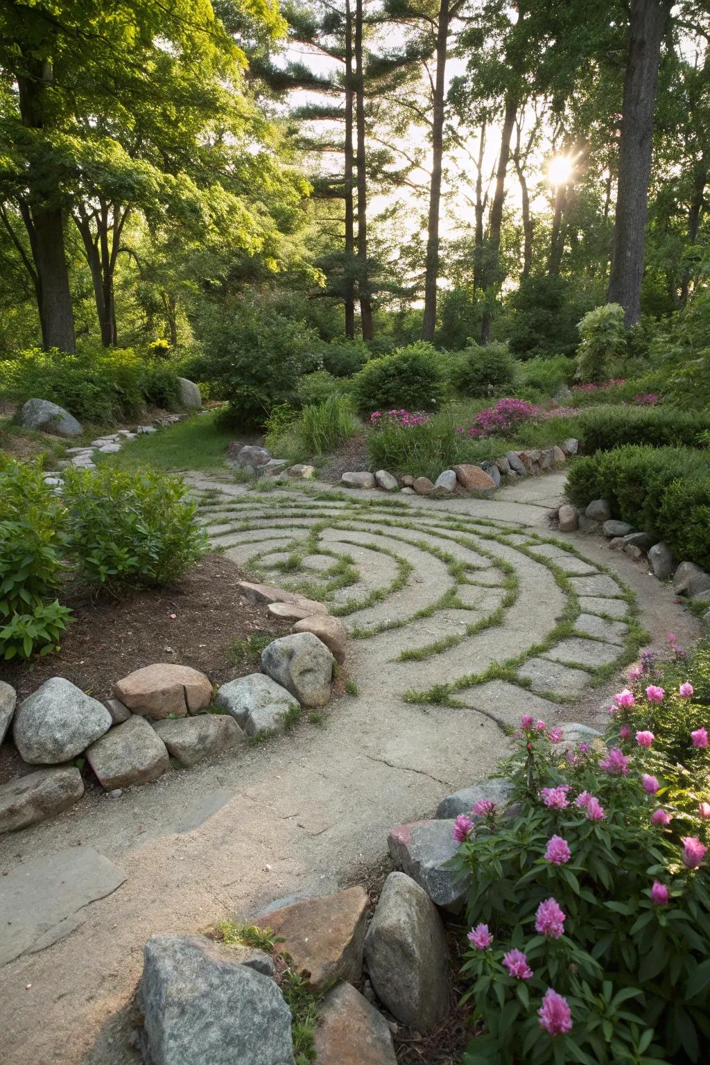 Stone labyrinths introduce an element of mystery and meditation.