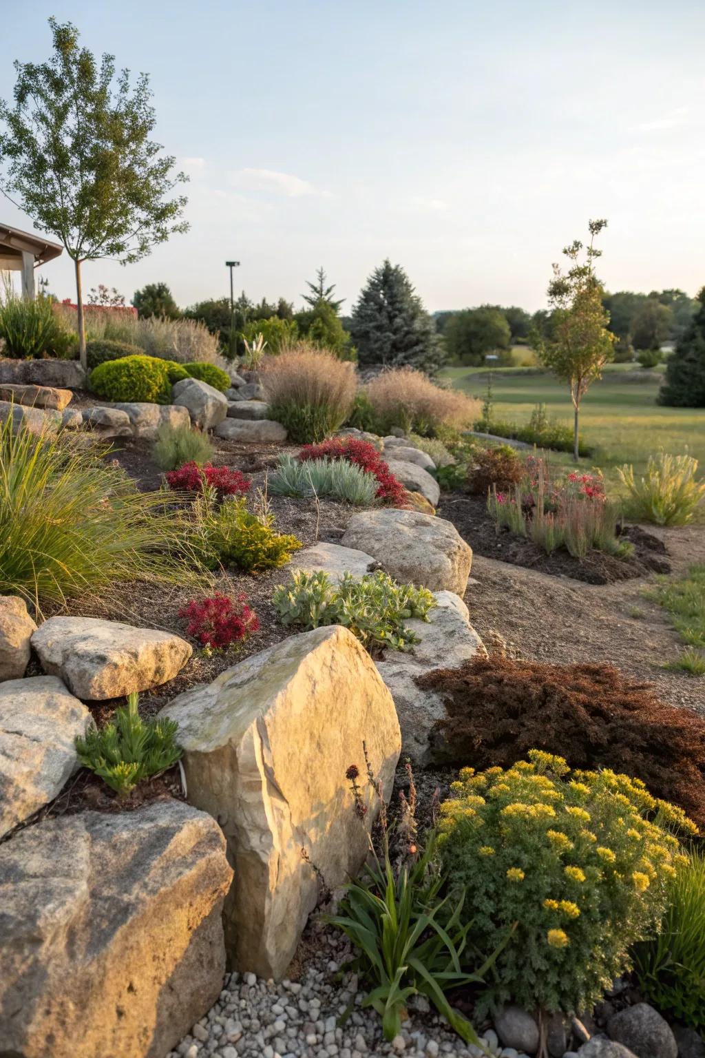 Eco-conscious stone aesthetic curtailing water usage and maintenance within the garden.