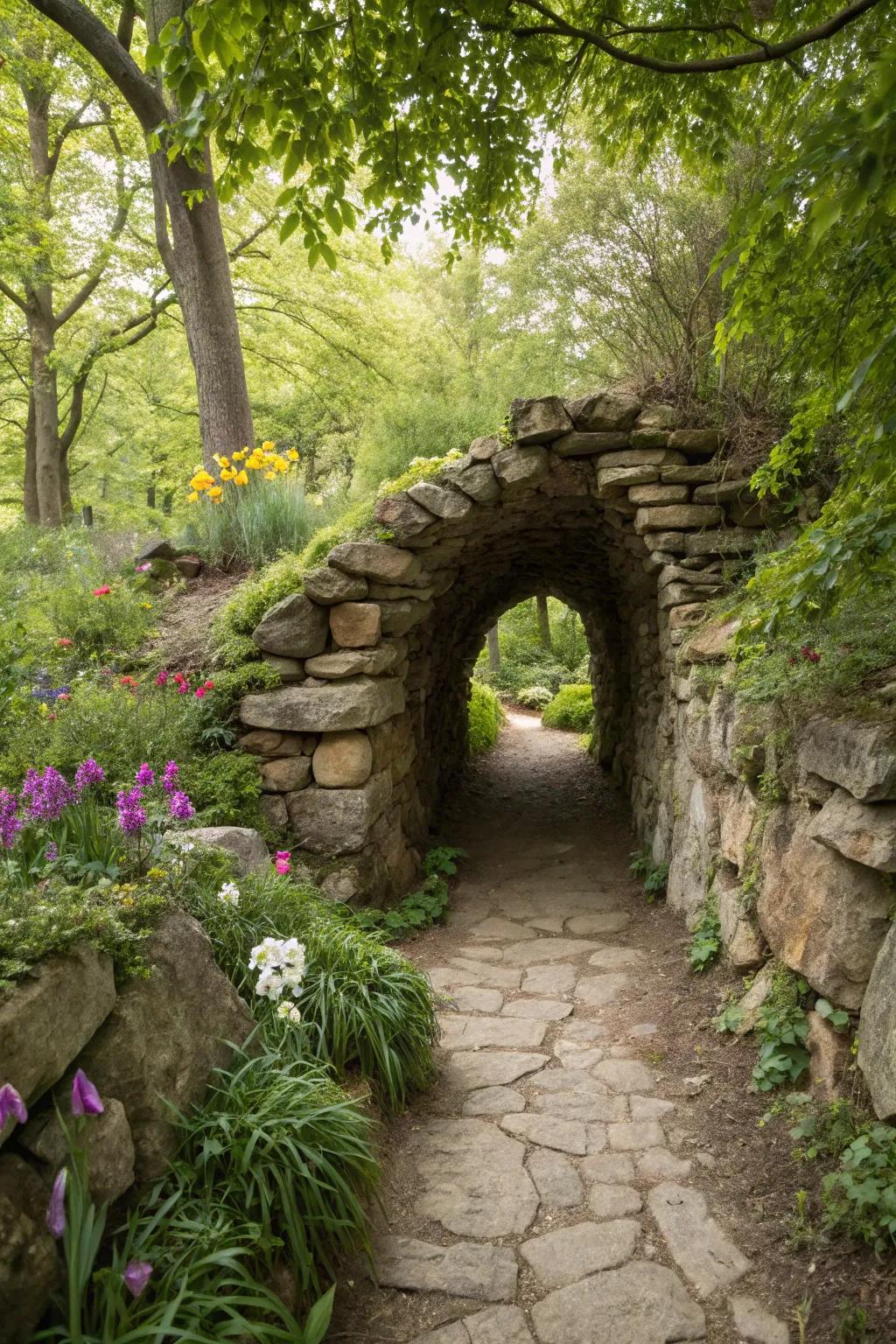 A whimsical stone passage pathway injecting intrigue into a garden.