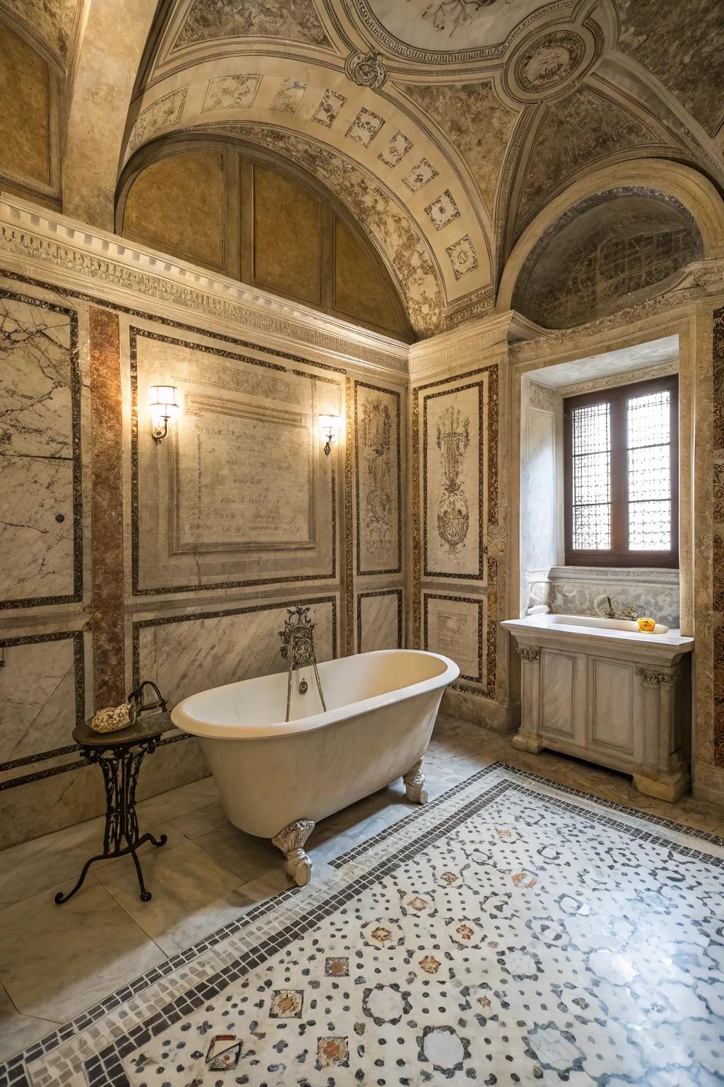 Structured partitions introduce dimension and an element of history to this bathroom.