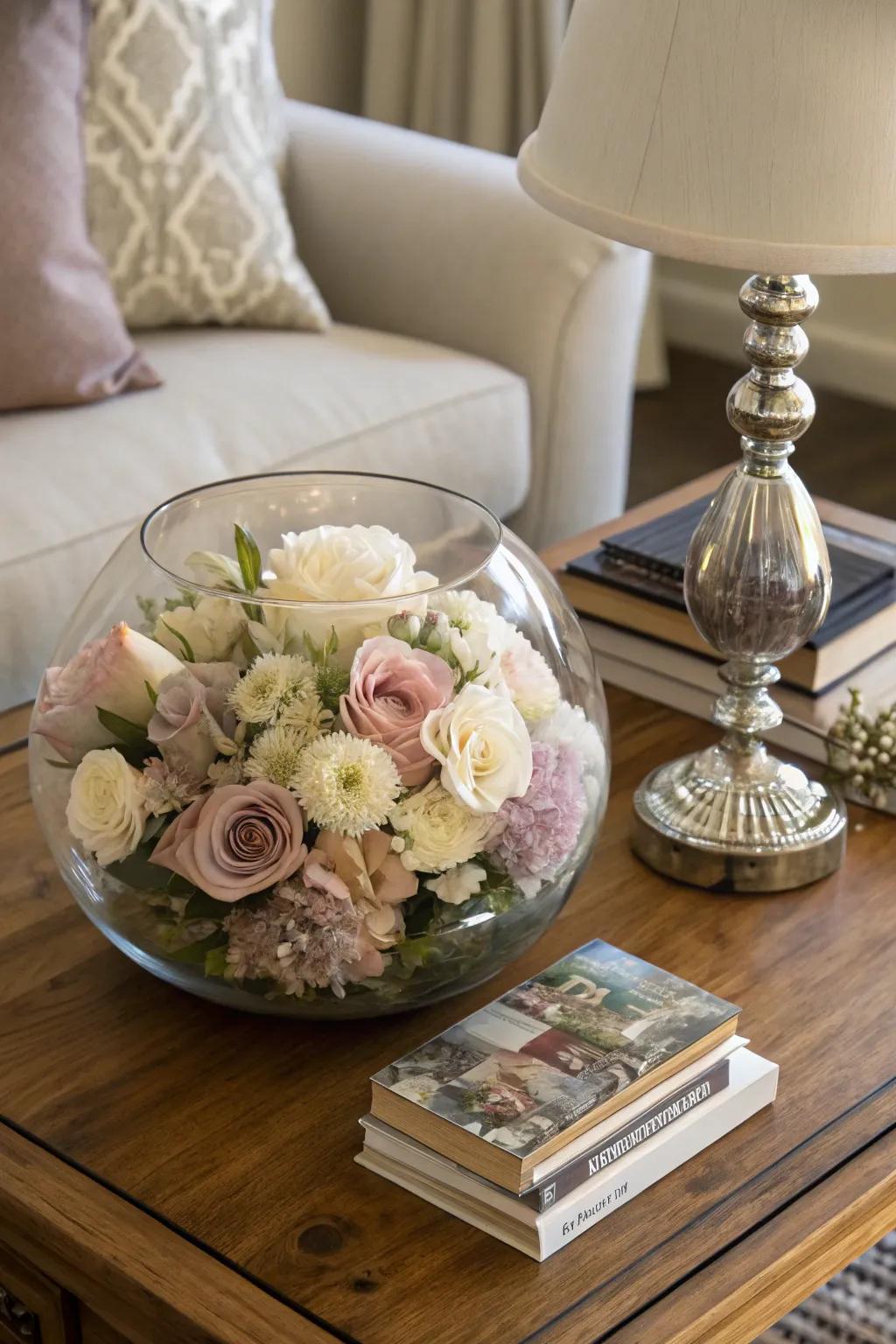 Subdued florals within a glass vessel fashion an elegant and cohesive presentation.