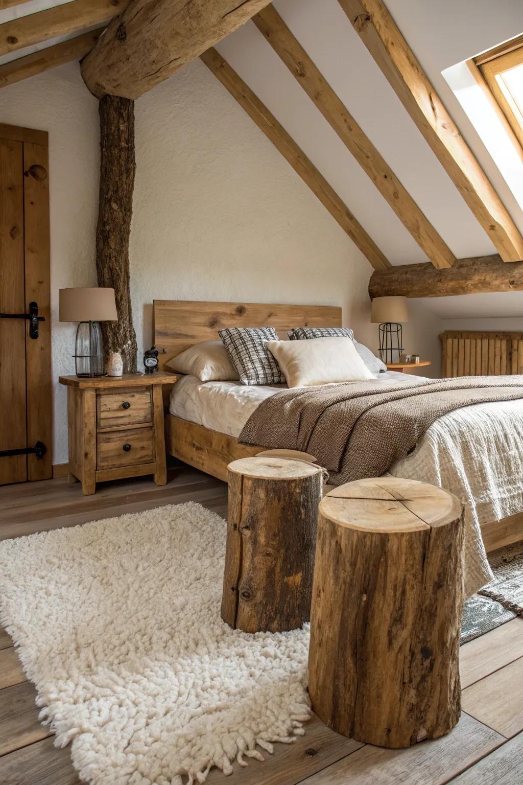Timber stump tables contribute individuality and nature's touch.