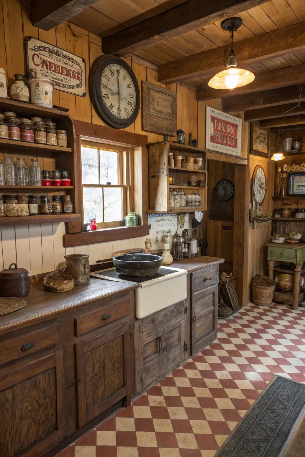 Rural objects append personal history to the cooking space.