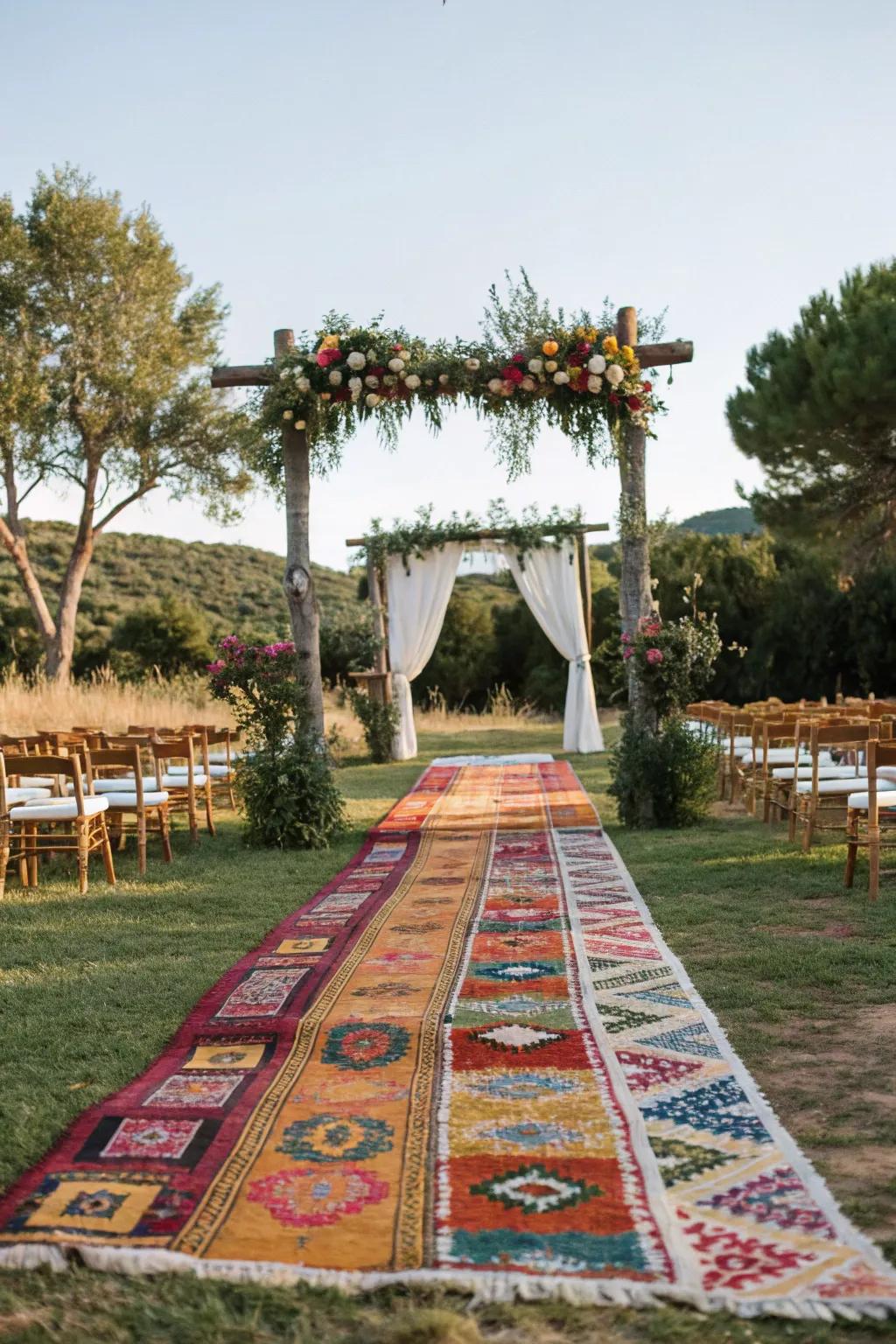 A pathway of eclectic rugs leading to a countryside arch, incorporating hue and texture.