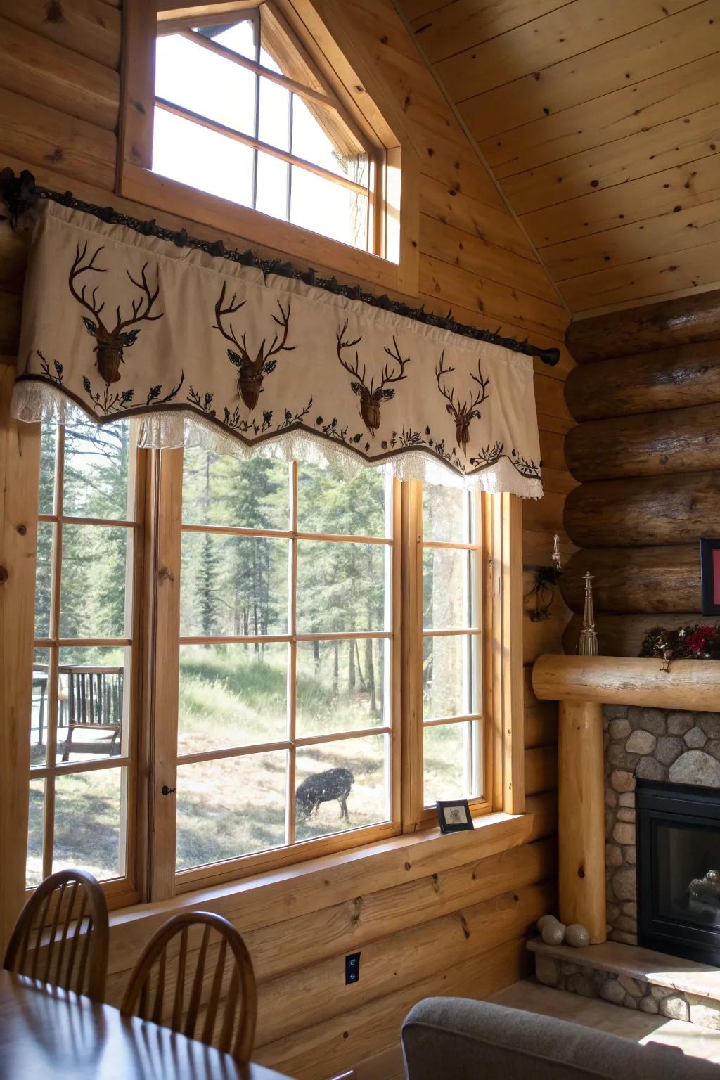 A countryside cabin with a valance presenting antler elements, incorporating an outdoorsy allure.