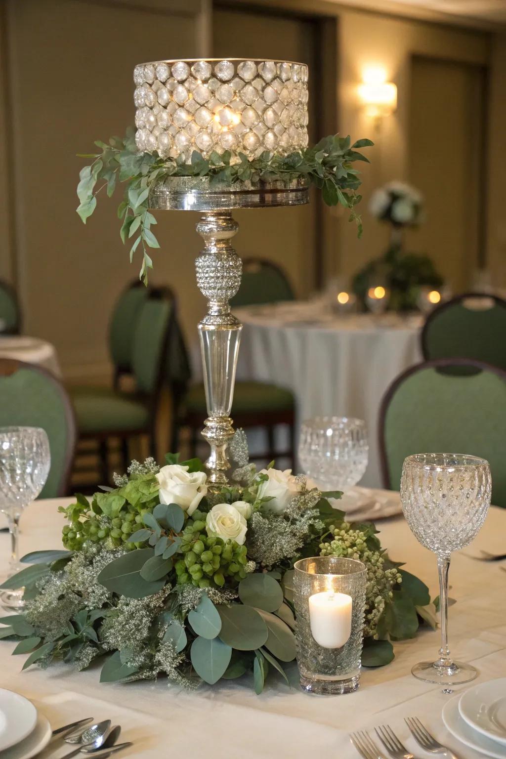 Crystal and verdant tones will craft a luxurious and glistening centerpiece.