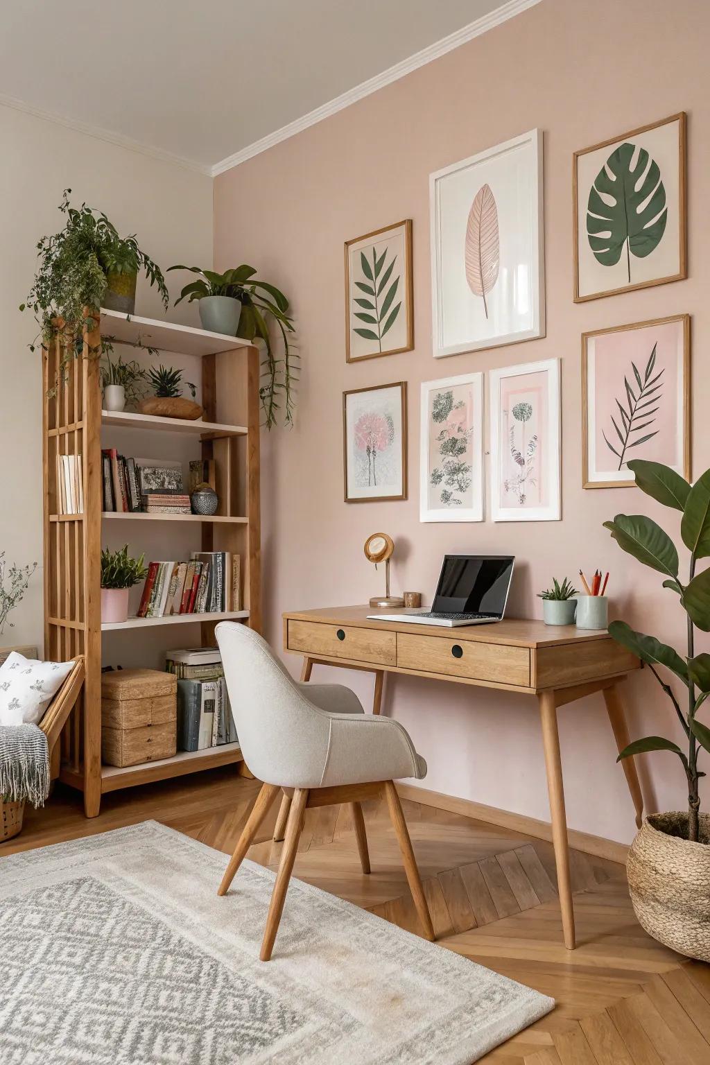 A study featuring pastel-toned art pieces and Scandinavian décor