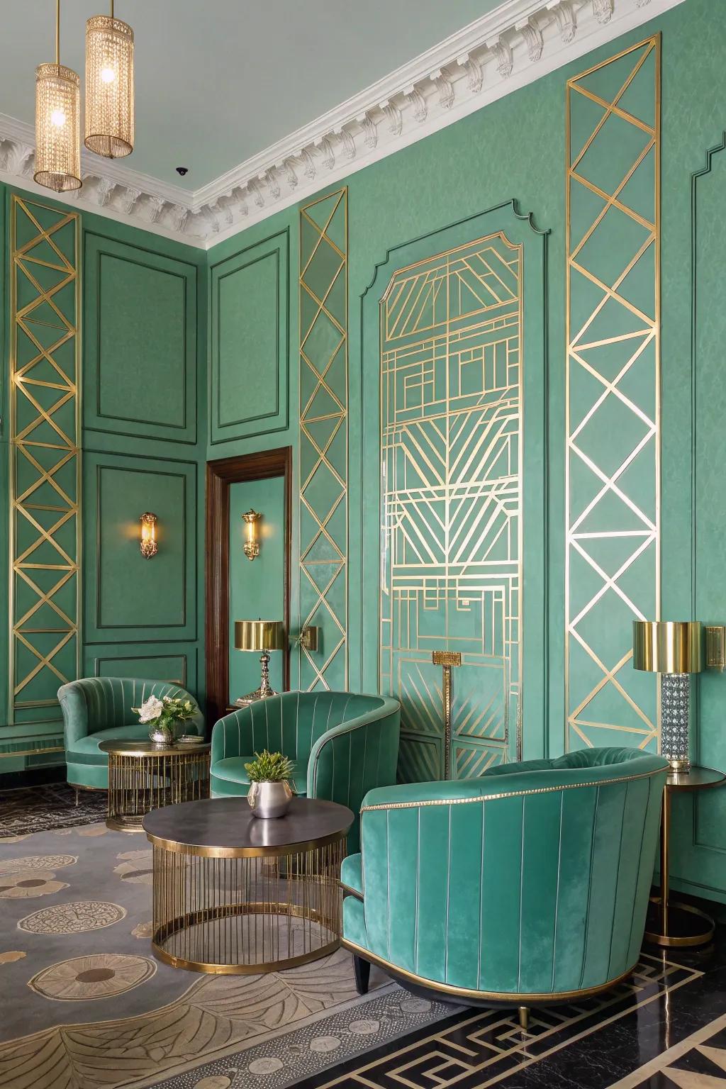 An Art Deco inspired room featuring elegant seafoam green painted walls.