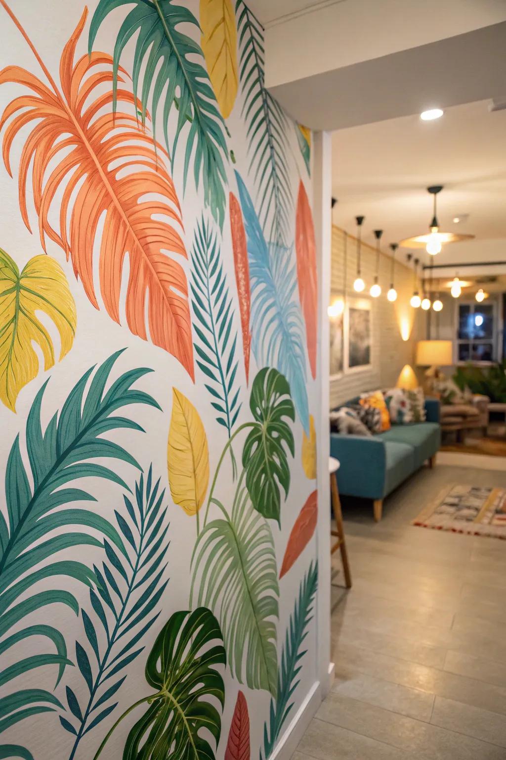 A tropical theme wall brings the beach to your selfies.