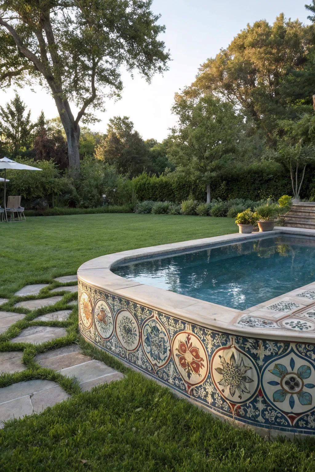 A partially submerged pool adorned with bespoke pattern tile art.