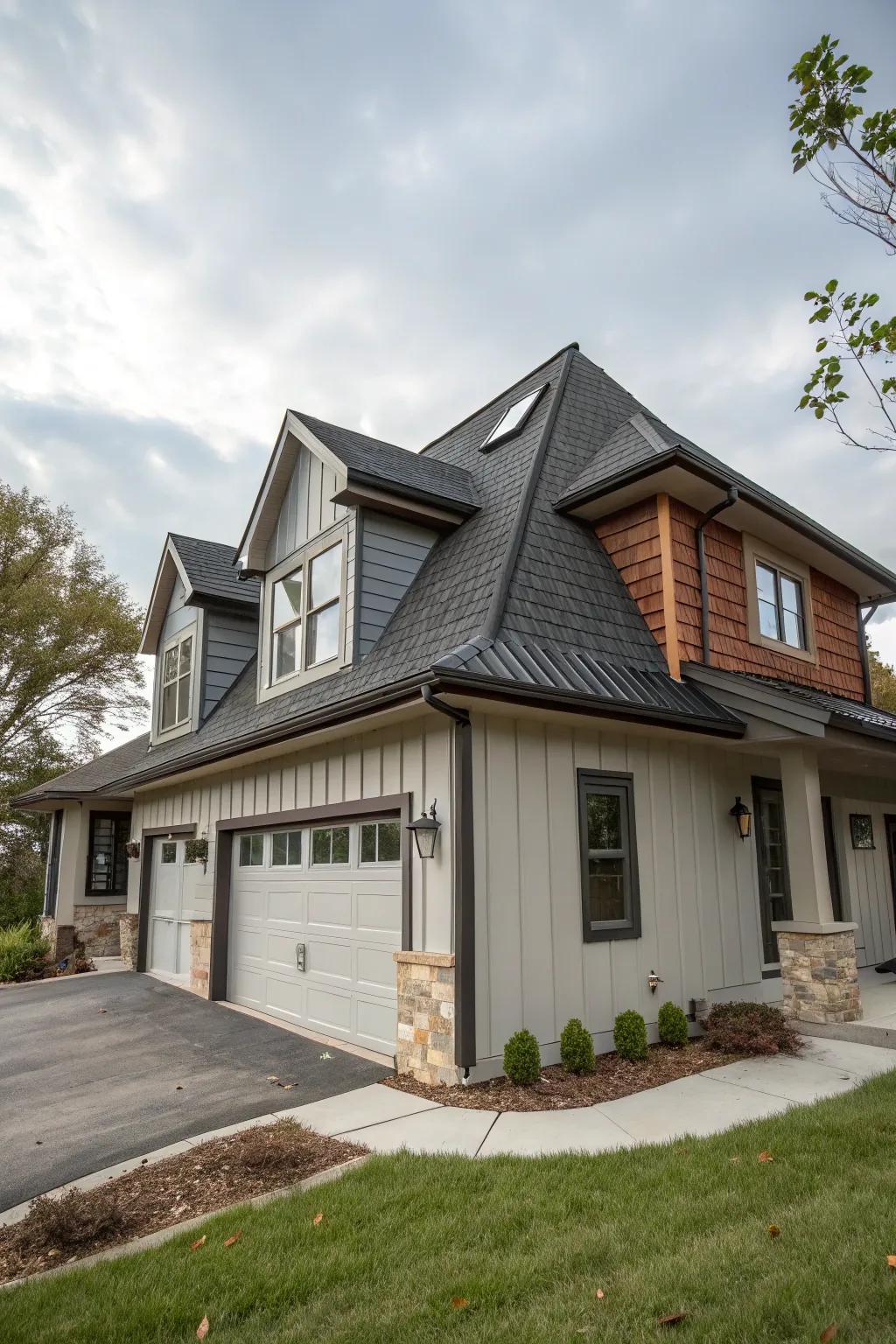 A home with a sculpturally designed shed dormer.