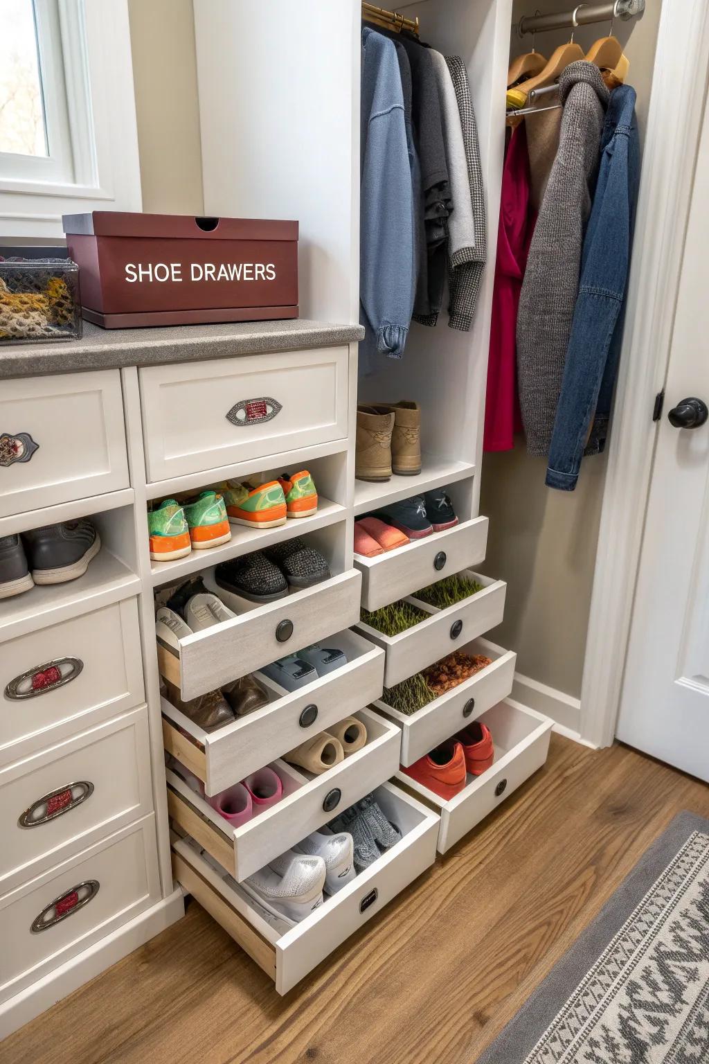 Personalized footwear drawers delivering organized storage options.