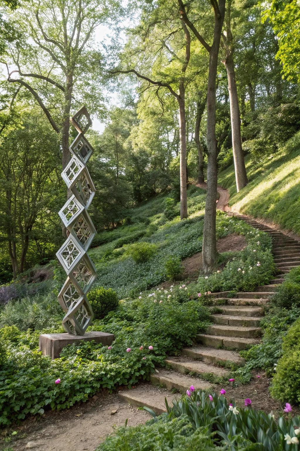 Artistic installations make sloping gardens uniquely expressive.