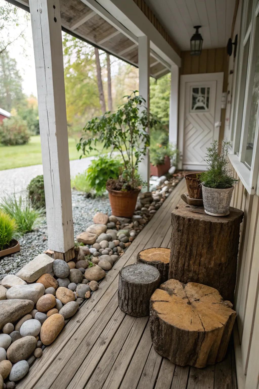 Natural elements like stones and timber introduce rustic charm to a modest veranda.