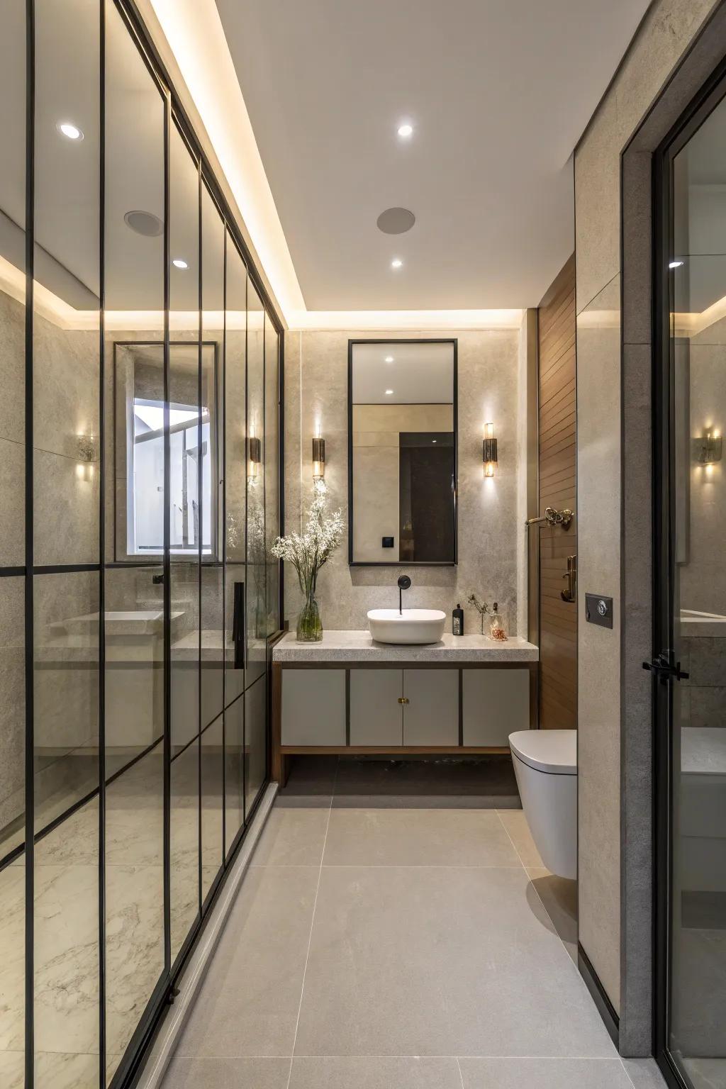 Glass panels are highlighted in a compact bathroom, incorporating luxury and modernity.