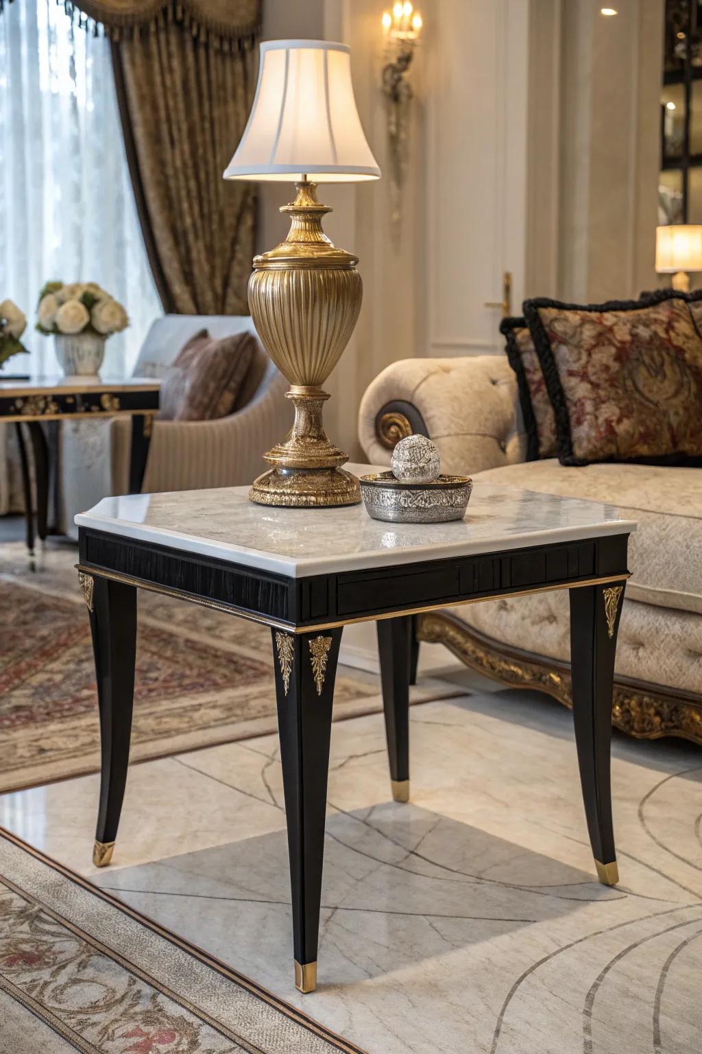 Marble end table adds timeless elegance to a luxurious room.