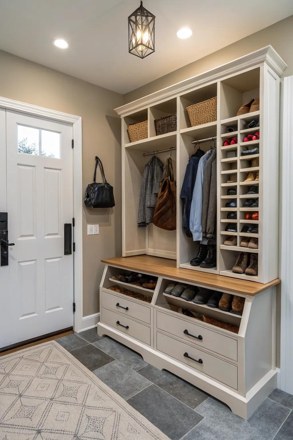 Convertible furniture adapts for shoe storage.