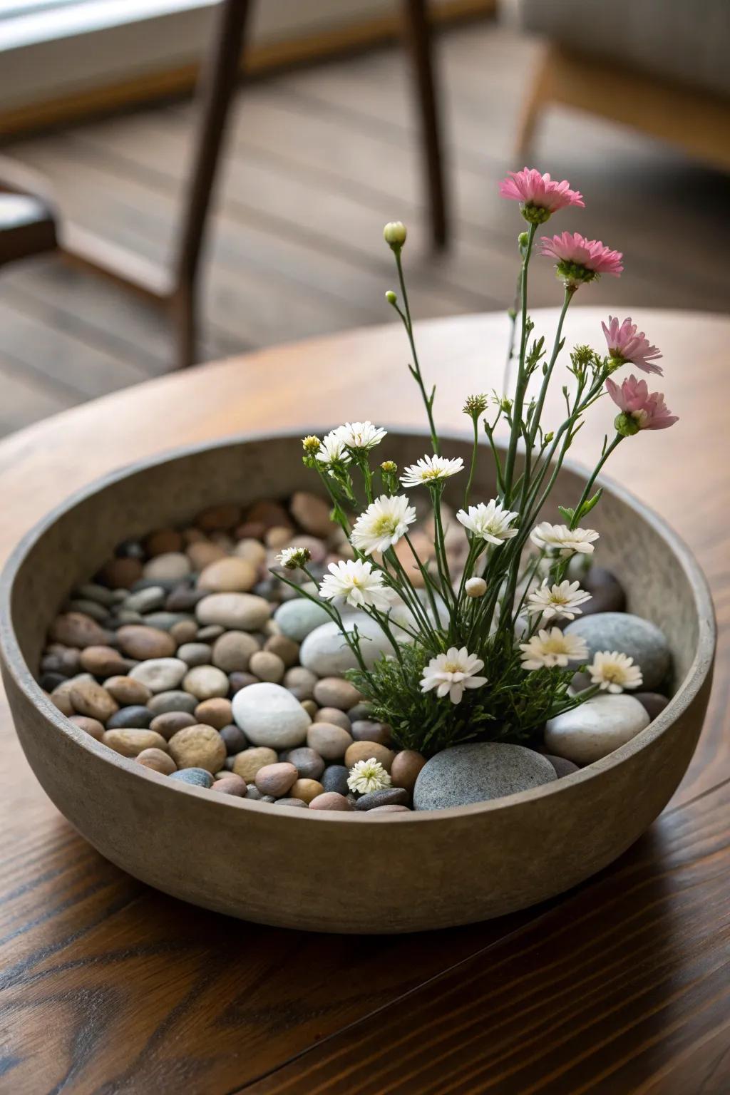 Pebbles fashion an intrinsic foundation for serene botanical arrangements.