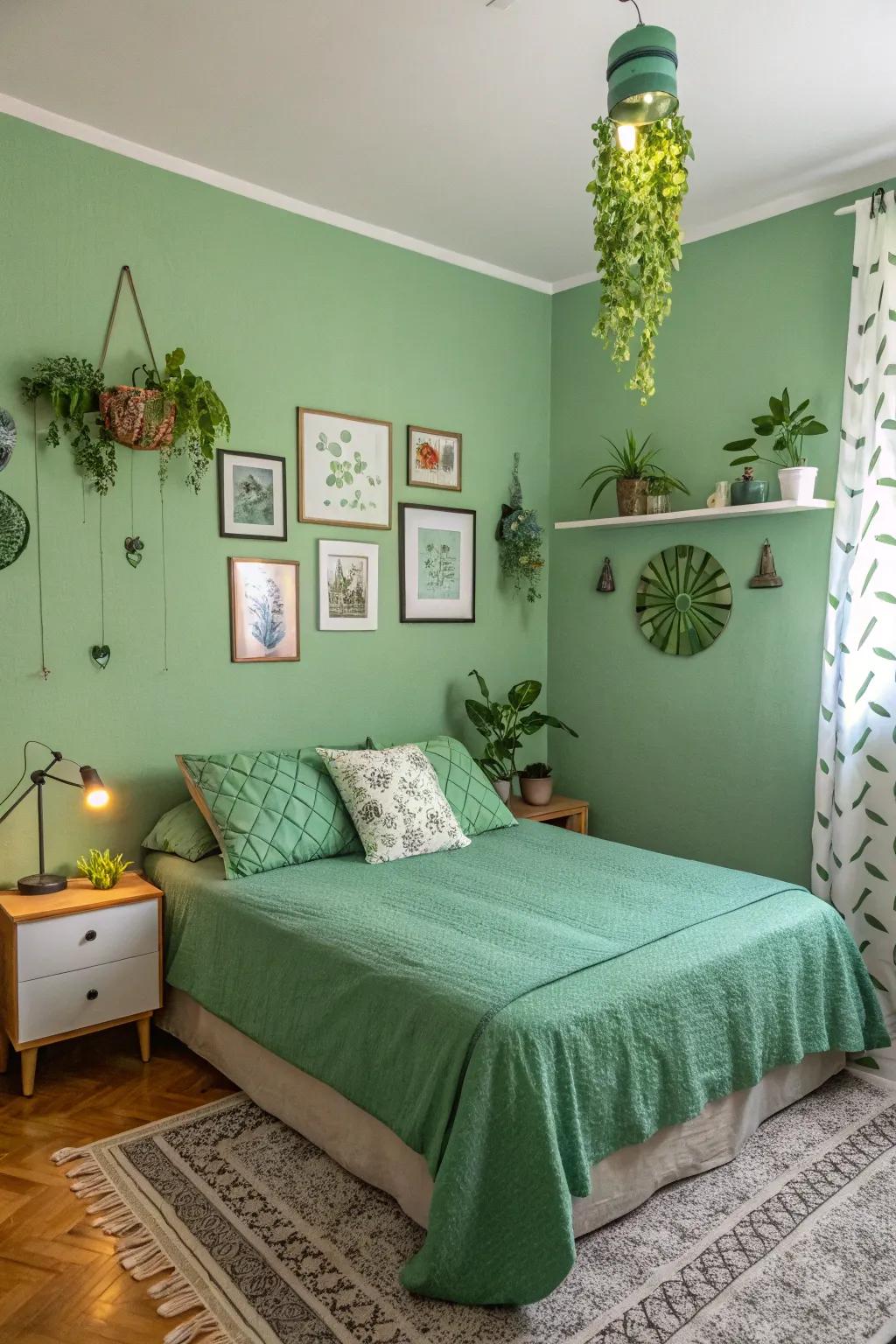 Green accessories subtly unite the room.