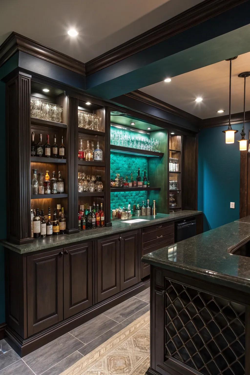 A melancholy, dramatic style cultivates a snug and intimate bar ambiance.