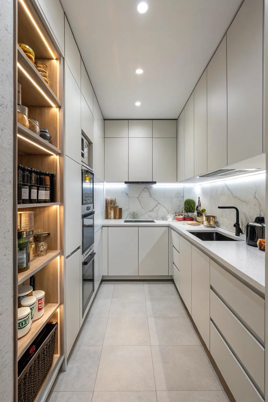 Concealed storage sustaining organization and clutter-free ambiance within compact kitchens.