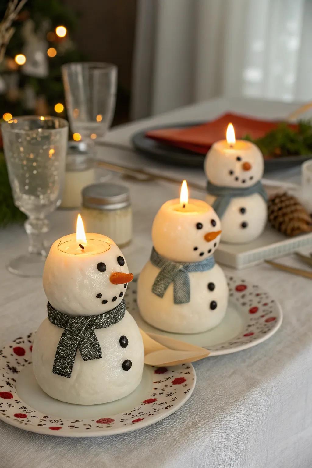 Snowman tea light holders create ambiance.
