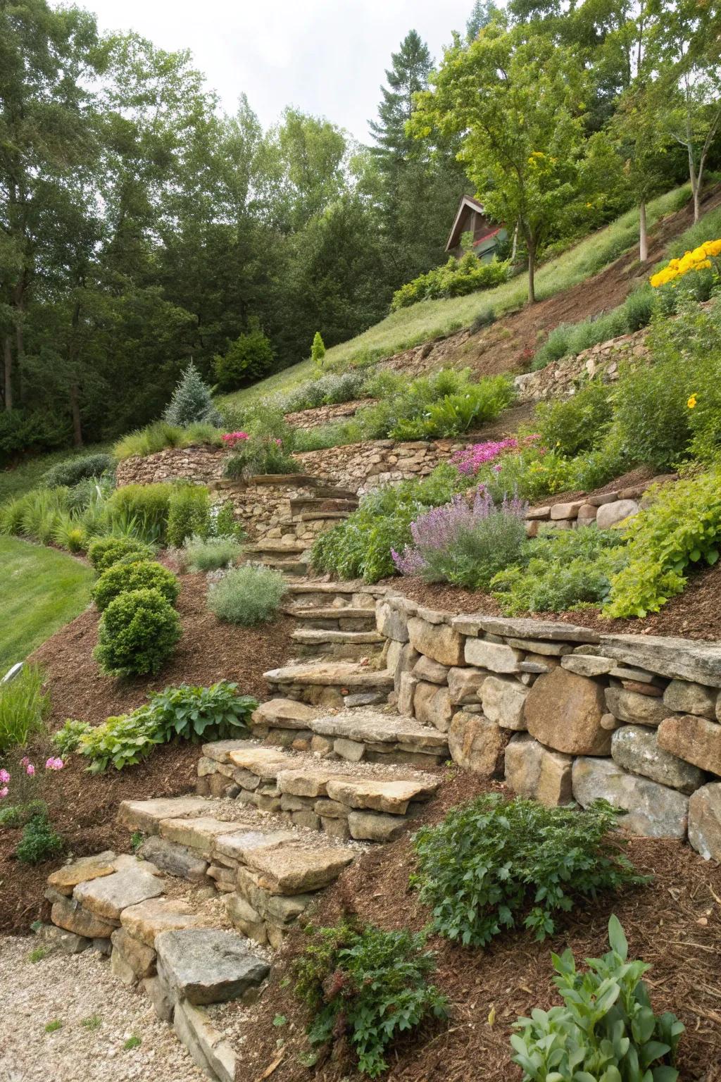 Transfigure undulated sectors with terraced stone and mulch blueprints.