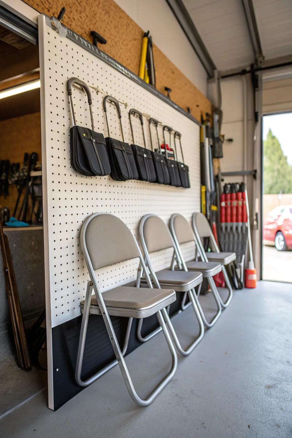 Maintain order through a pegboard used for storing folding chairs.
