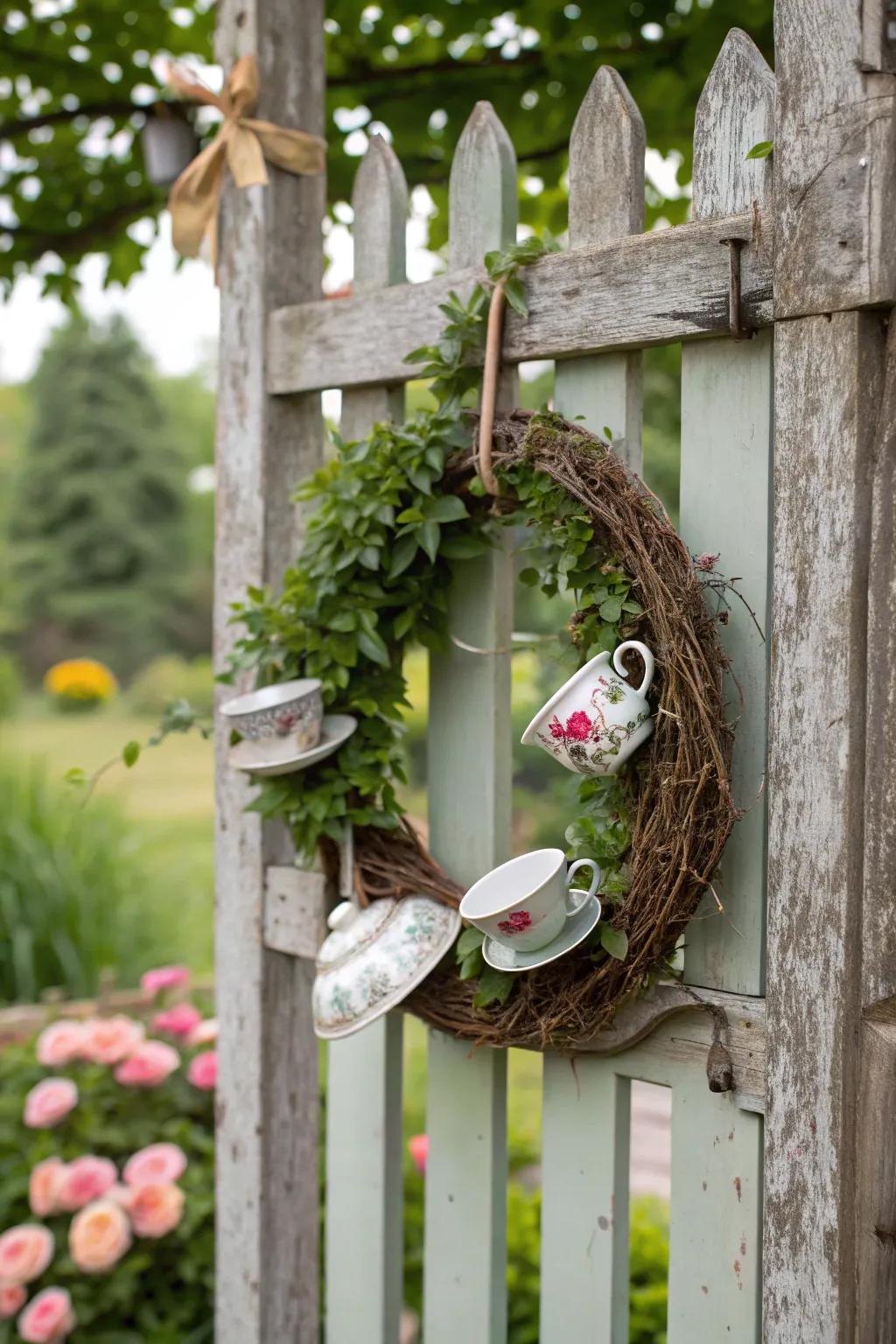 Welcome guests with a whimsical garden tea gathering wreath.