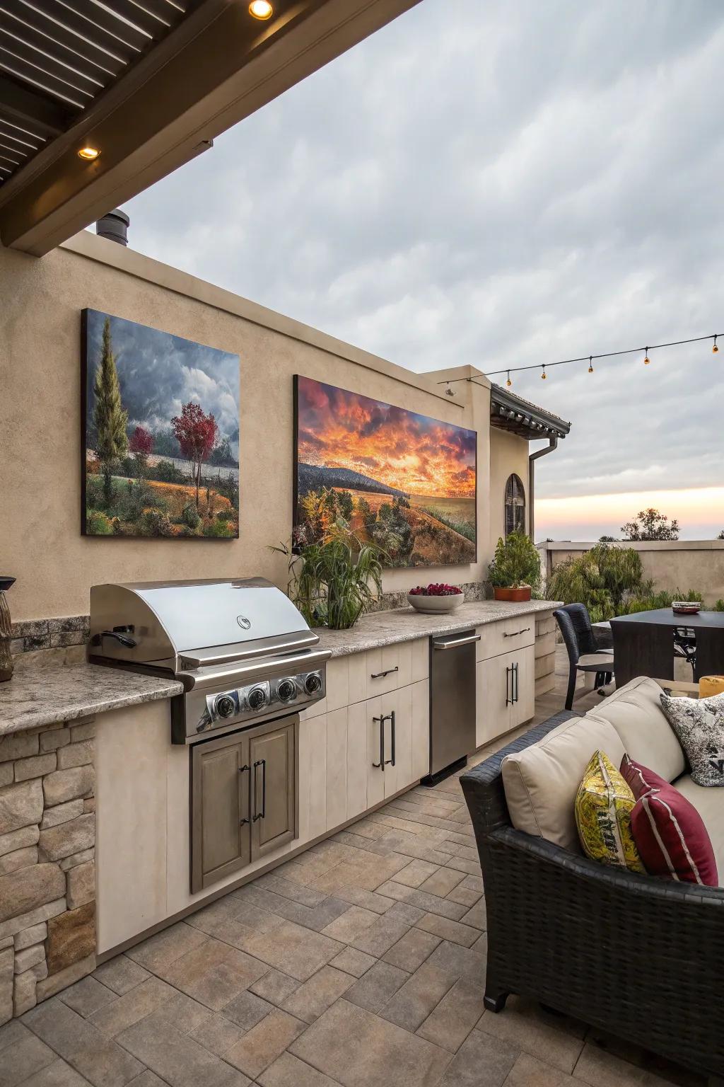 Artwork adds a personal and artistic touch to the outdoor kitchen.