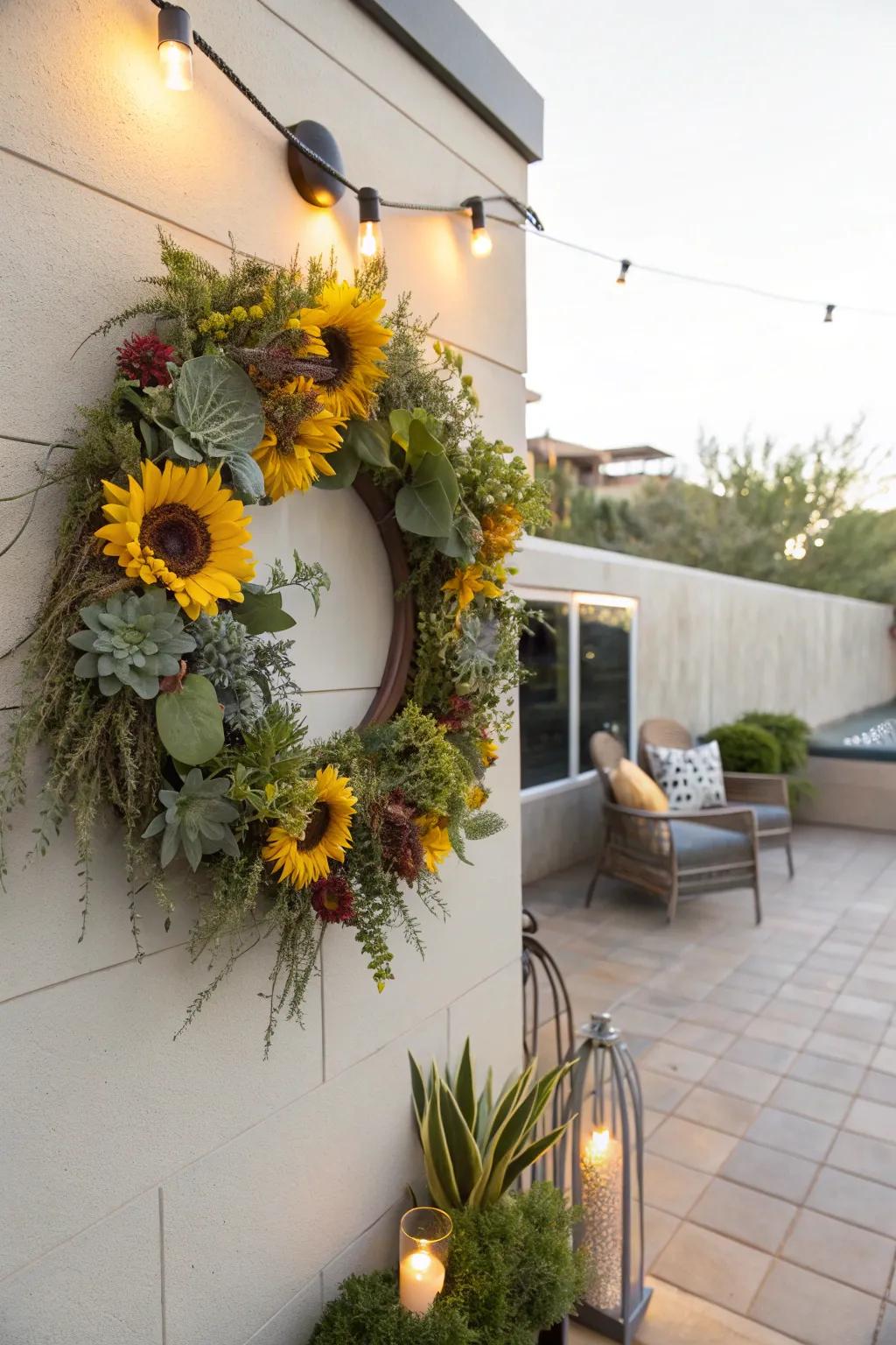Modernity melds with nature in a sunburst and succulent wreath.