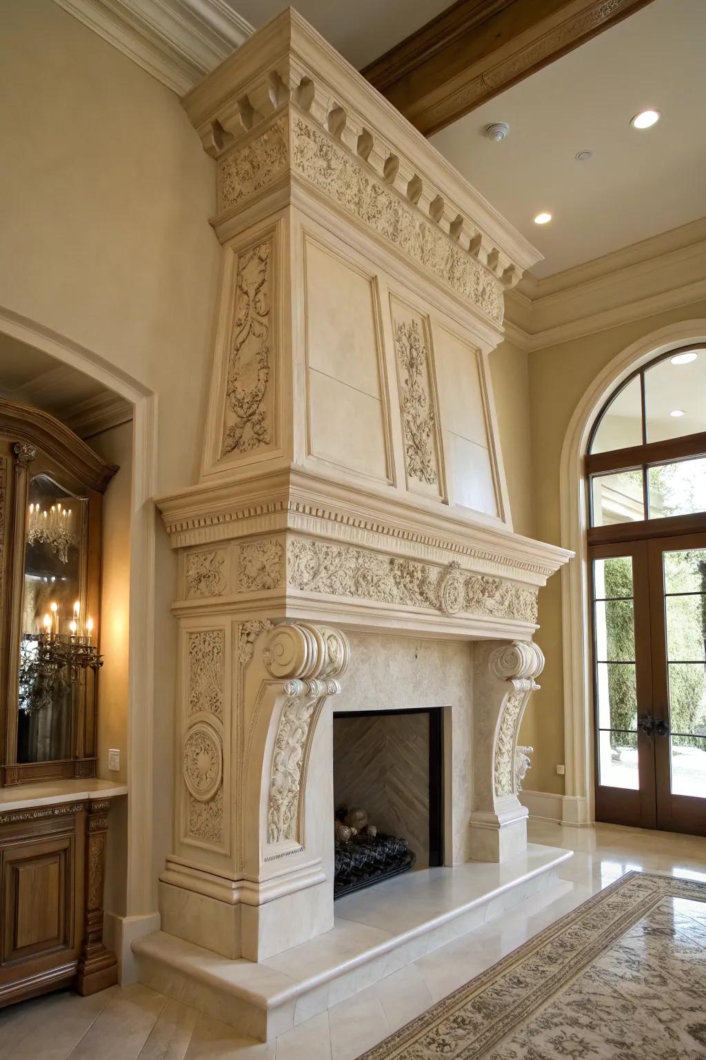 An elevated mantel featuring architectural details for imparted sophistication.