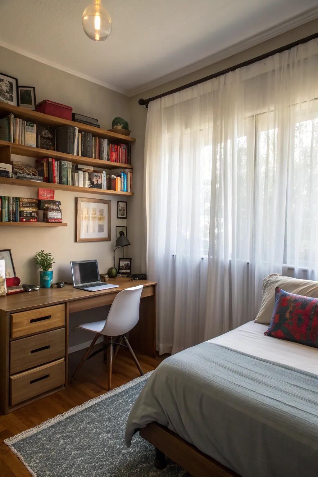 Layered curtains improve inherent lighting and retain a spacious room.