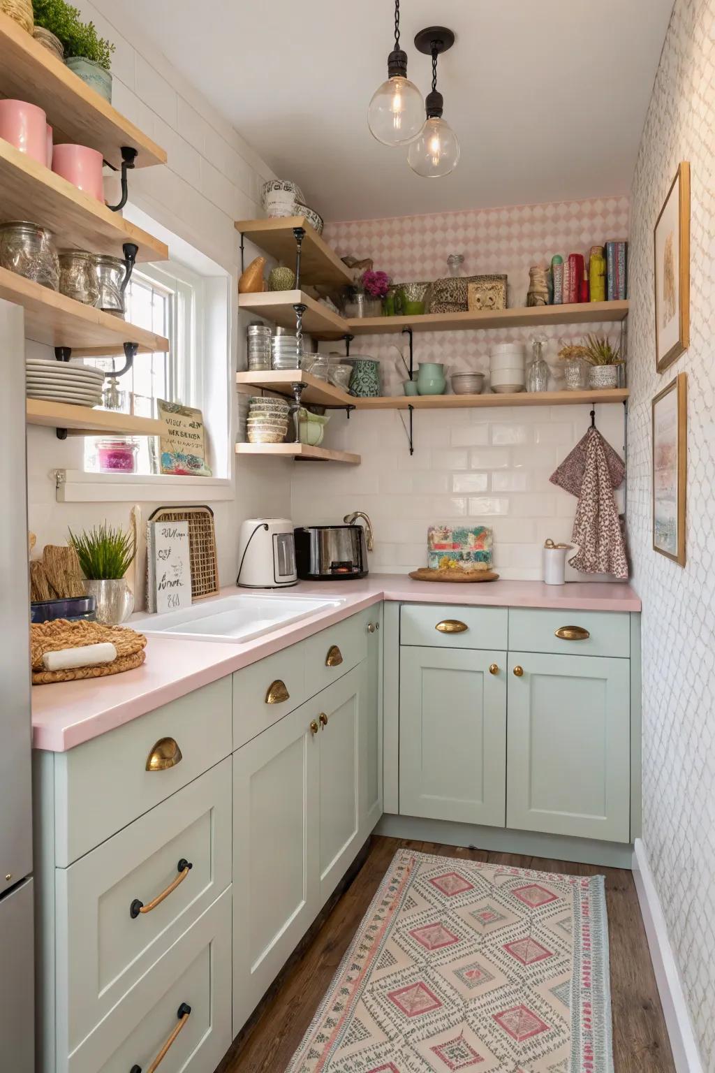 Corners and cracks furnish ingenious storage and decor resolutions within compact kitchens.